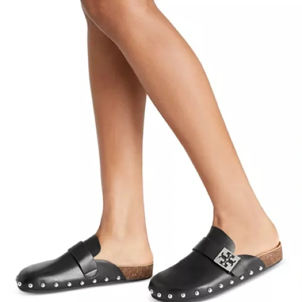 Tory Burch Black Leather Studded Mule Clogs with Silver Logo Accent - Picture 2 of 9